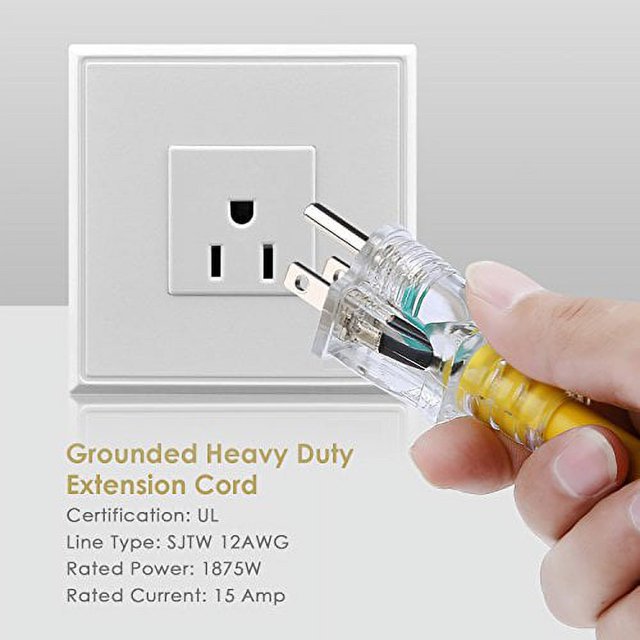 SIMBR 50 FT Extension Outdoor 12 Gauge Lighted, 15 Amps -3 Outlets Yellow