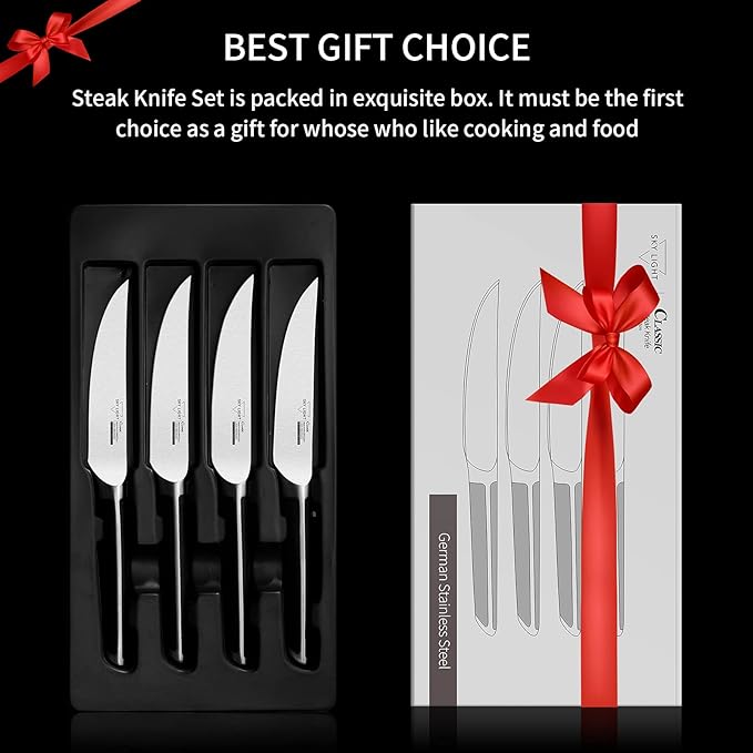 SKY LIGHT Steak Knives, 4.5 Inch Non-serrated Steak Knife Set, 4-Piece Premium Kitchen Table Knife with Japanese Triangle Handle, Sharp Blade Flatware Steakhouse Knife with Gift Box