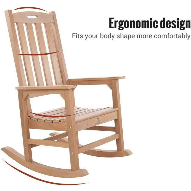 QOMOTOP Rocking Chair with 350lbs Weight Capacity,Poly Lumber Porch Rocker,Teak,Brown