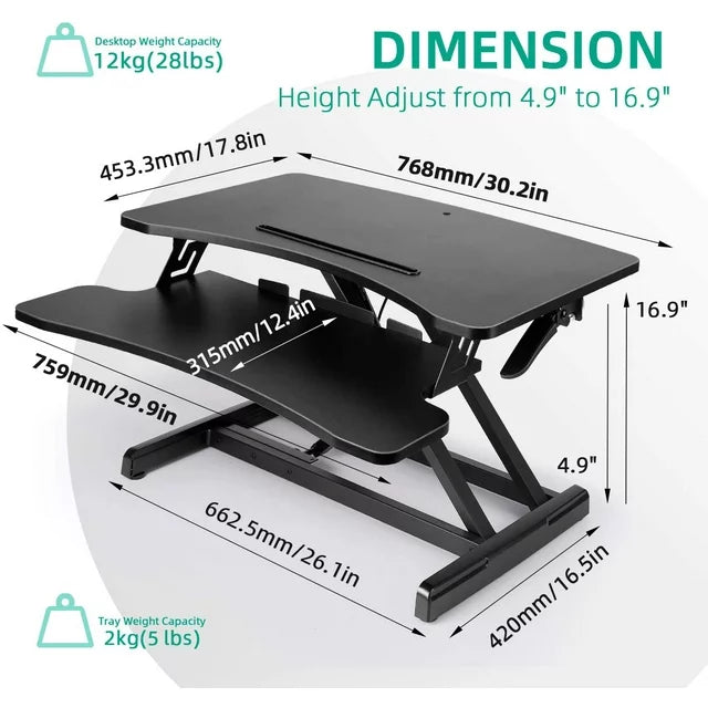 SIMBR Standing Desk Converter 30.2 Inch Computer Desk for Home Office Sit to Stand Desk Height Adjustable Gas Spring Desk Riser Stand up Desk Workstation with Keyboard Tray
