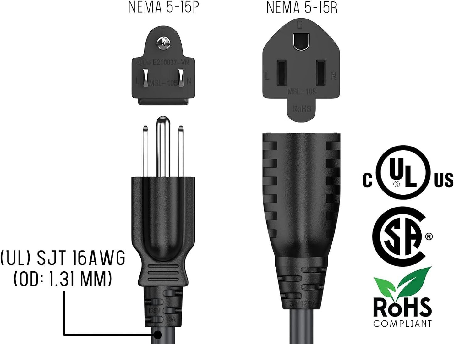 Simbr 2-ft 14 AWG 3-prong Outlet Saver Power Extension Cord NEMA 5-15P - 2 Pack