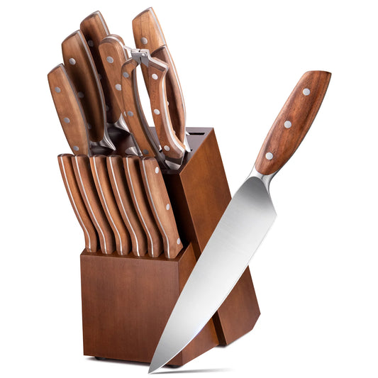 HITECLIFE Kitchen Knife Set with Block 14-Piece, Chef knife Set with Knife Sharpener