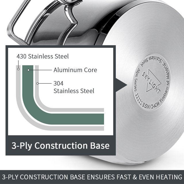 SKY LIGHT Stainless Steel Stock Pot 6 Qt, Premium Soup Pot with Glass Lid, Scale Engraved Inside, Induction Compatible