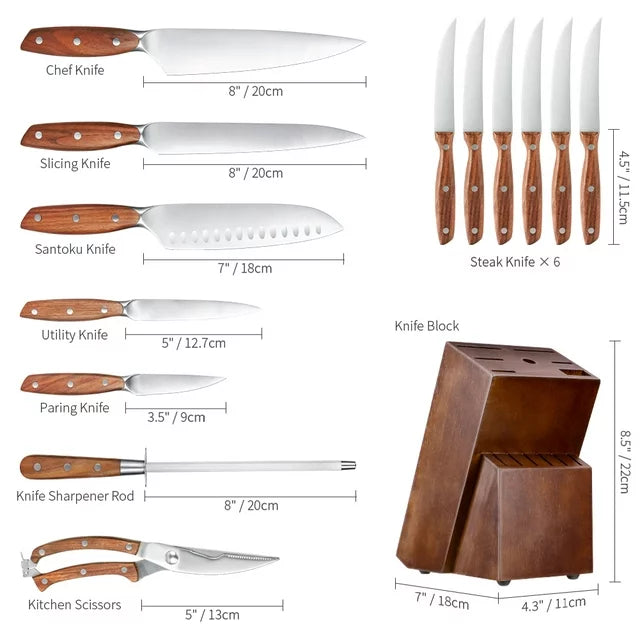 HITECLIFE Kitchen Knife Set with Block 14-Piece, Chef knife Set with Knife Sharpener