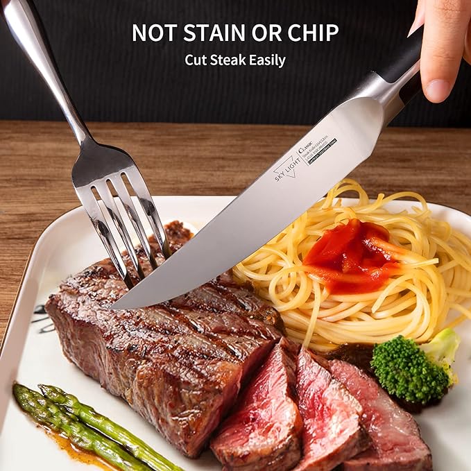 SKY LIGHT Steak Knives, 4.5 Inch Non-serrated Steak Knife Set, 4-Piece Premium Kitchen Table Knife with Japanese Triangle Handle, Sharp Blade Flatware Steakhouse Knife with Gift Box