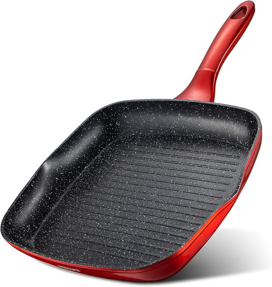 HITECLIFE Nonstick Grill Pan 10 inch, Chemical-Free Square Griddle Pan with Stay-Cool Handle, Grilling Pans for Stove Tops with Pour Spouts, Induction
