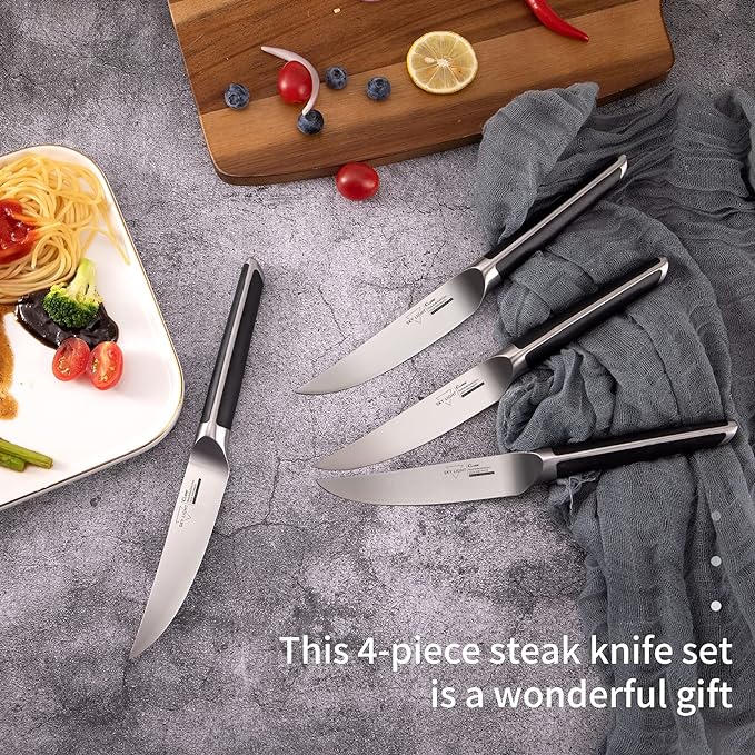 SKY LIGHT Steak Knives, 4.5 Inch Non-serrated Steak Knife Set, 4-Piece Premium Kitchen Table Knife with Japanese Triangle Handle, Sharp Blade Flatware Steakhouse Knife with Gift Box