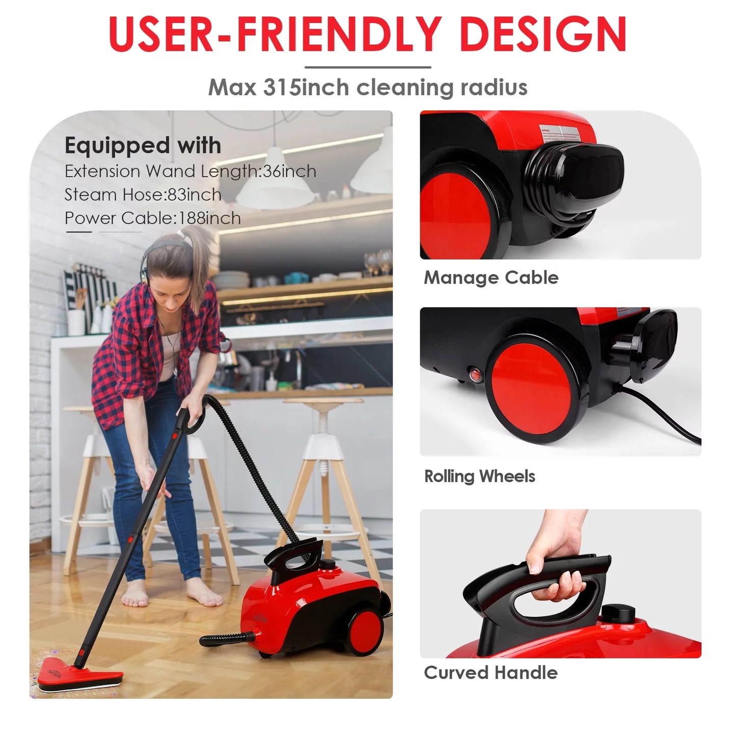 SIMBR Steam Cleaner, Multipurpose Steam Mop with 18 Accessories, 1500W 1.5L Chemical-Free Household Steamer Cleaning for Floors, Carpet, Windows, Autos and More