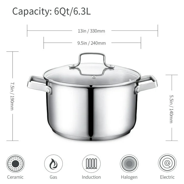 SKY LIGHT Stainless Steel Stock Pot 6 Qt, Premium Soup Pot with Glass Lid, Scale Engraved Inside, Induction Compatible