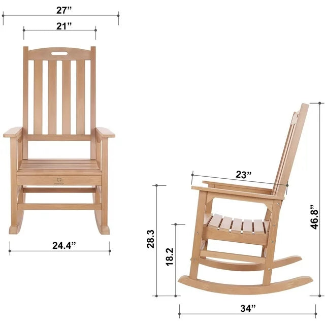 QOMOTOP Rocking Chair with 350lbs Weight Capacity,Poly Lumber Porch Rocker,Teak,Brown