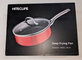 Lot # 1641: Hiteclife New in Box Red Deep Frying Pan, Super Non Stick Gives Uniform Heat, Very Nice, 9 1/2"Diam 3.5 Qt.