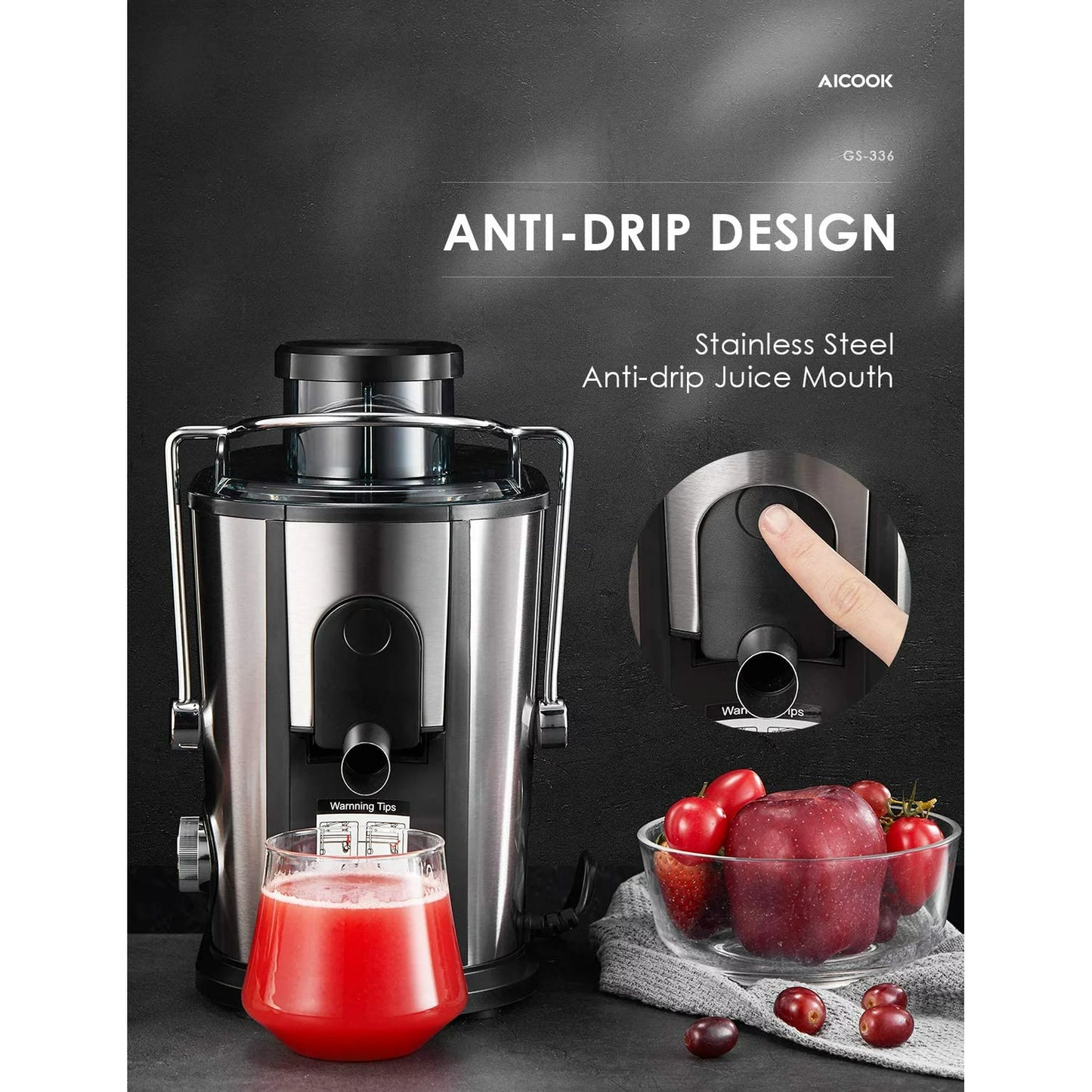 Juicer Wide Mouth Juice Extractor, Aicook Juicer Machines BPA Free Compact Fruits & Vegetables Juicer, Dual Speed Centrifugal Juicer with Non-drip Function, Stainless Steel Juicers Easy to Clean