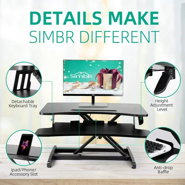 SIMBR Standing Desk Converter 30.2 Inch Computer Desk for Home Office Sit to Stand Desk Height Adjustable Gas Spring Desk Riser Stand up Desk Workstation with Keyboard Tray