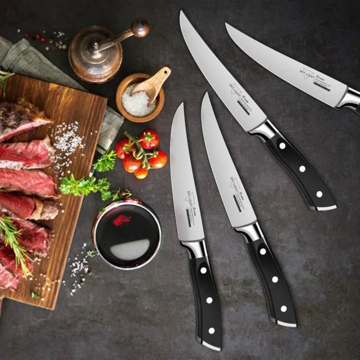 SKY LIGHT Steak Knives Set 12cm Table Knives, Non-Serrated Stainless Steel Blade and Ergonomic Handle for Kitchen 6264
