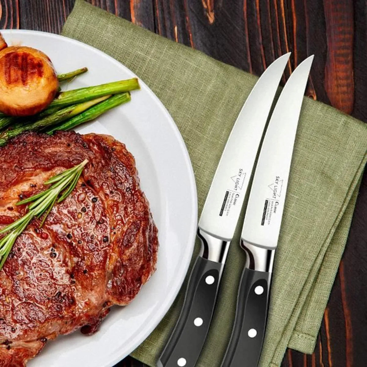 SKY LIGHT Steak Knives Set 12cm Table Knives, Non-Serrated Stainless Steel Blade and Ergonomic Handle for Kitchen 6264